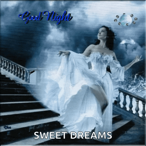 a woman in a white dress is walking down stairs with the words good night sweet dreams above her