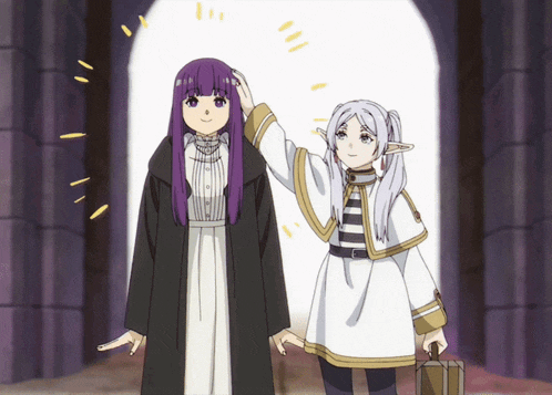 a girl with purple hair and a girl with white hair are standing next to each other