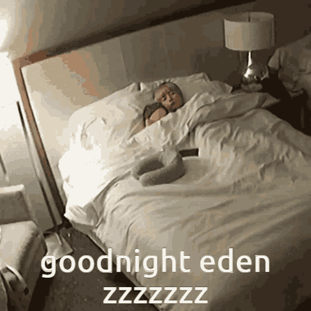 a person laying on a bed with the words goodnight eden zzzzzz