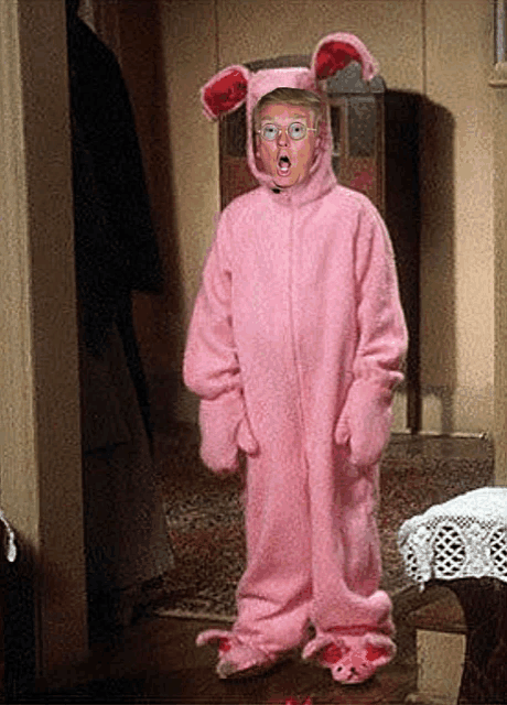 a young boy is wearing a pink bunny costume and glasses .