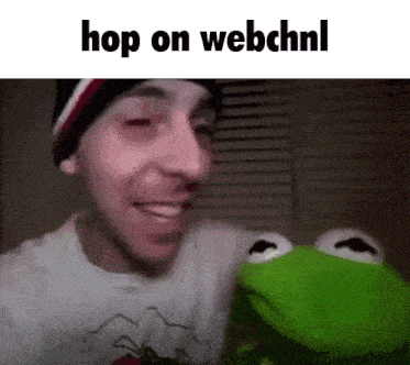 a man in a beanie is holding a kermit the frog puppet and says hop on webchnl