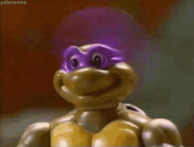 a teenage mutant ninja turtle toy with a purple mask on