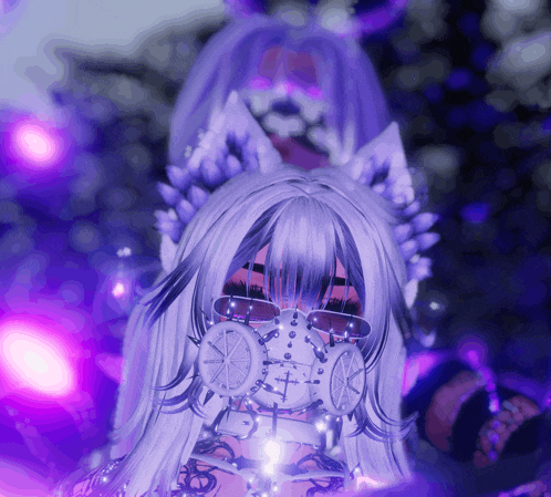 a girl with white hair and a mask with a cross on it