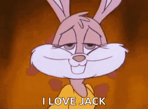 a cartoon rabbit is saying `` i love jack ''