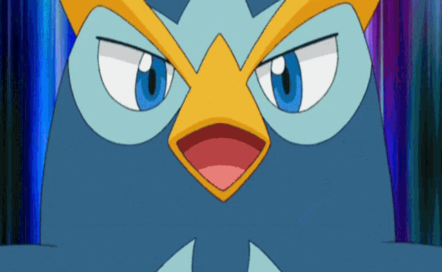 a close up of a cartoon character with blue eyes and a yellow beak