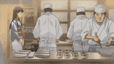 a cartoon drawing of a woman standing in front of a kitchen