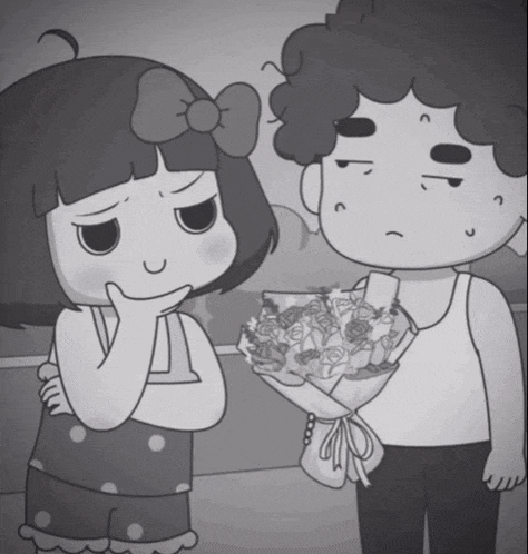 a black and white cartoon of a boy and a girl