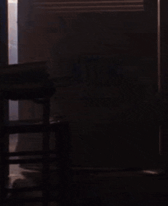 a silhouette of a person standing in a dark room with a stack of books on a table