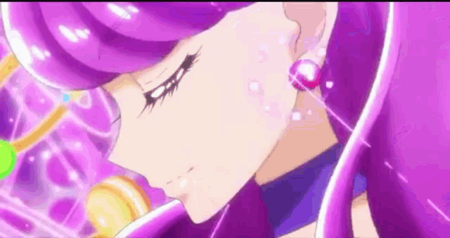 a close up of a cartoon character with purple hair and earrings