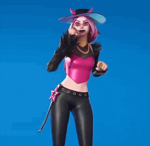 a woman with pink hair and horns is wearing a pink top and black pants and a black hat .