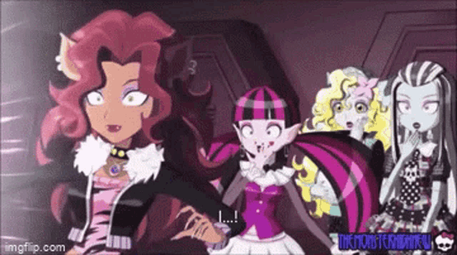 a group of monster high dolls are standing next to each other in a dark room .