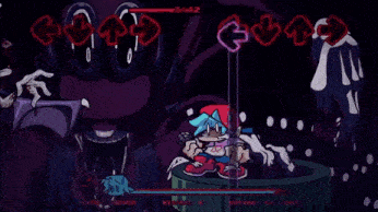 a cartoon character is playing a video game with a purple background and a green arrow .