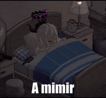 a cartoon character is laying in a bed with the words " a mimir " above her