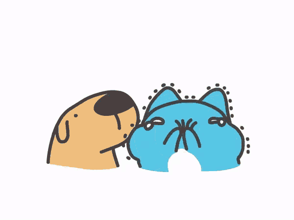 a cartoon drawing of a dog and a blue cat
