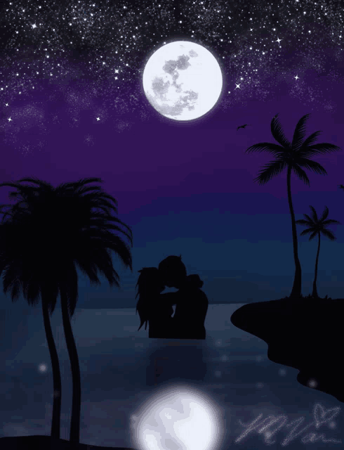 a couple kissing in front of a full moon with the word love written on the bottom