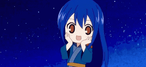 a cartoon girl with long blue hair is standing in front of a blue sky with stars .