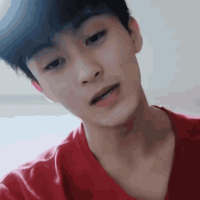 a young man in a red shirt is taking a selfie .