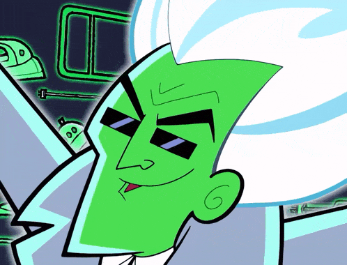 a cartoon character with a green head and white hair is smiling