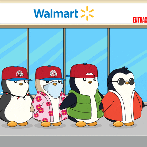 a group of penguins are standing outside of a walmart store
