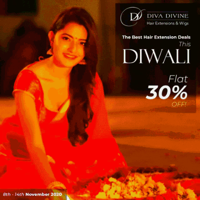 an advertisement for diva divine hair extensions and wigs shows a woman in a red dress