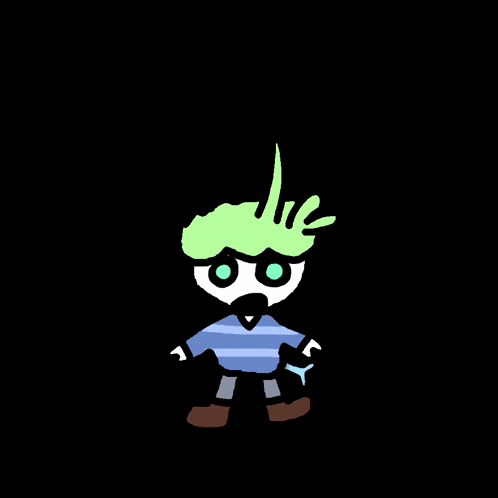 a drawing of a person with a red head and a blue striped shirt