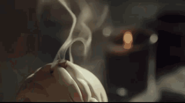 a person is smoking a cigarette with smoke coming out of their mouth .
