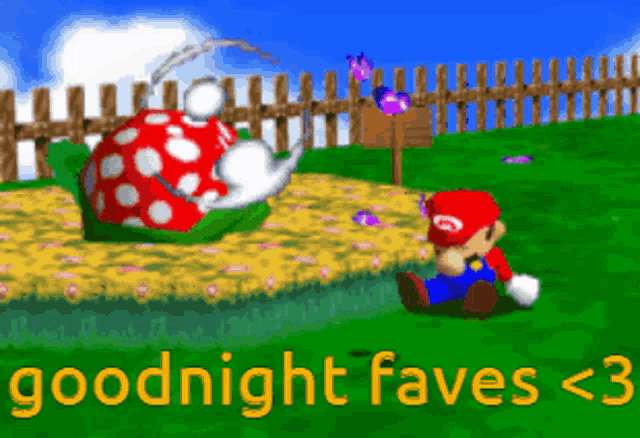 a cartoon of mario sitting in the grass with the words goodnight faves < 3