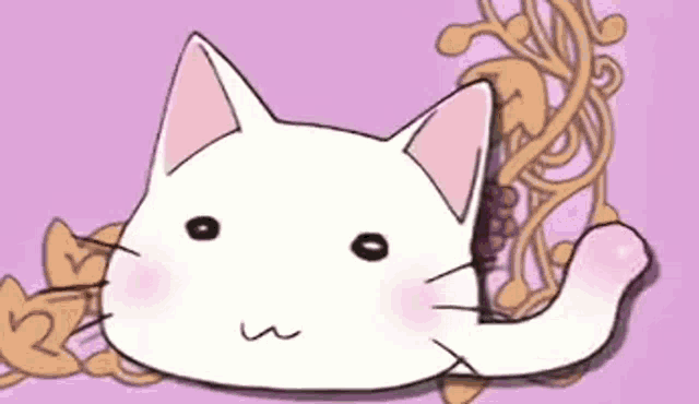 a drawing of a white cat laying on a purple surface