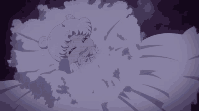 a cartoon character is laying in a pile of purple foam