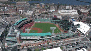 an aerial view of a baseball stadium with the letter t on it
