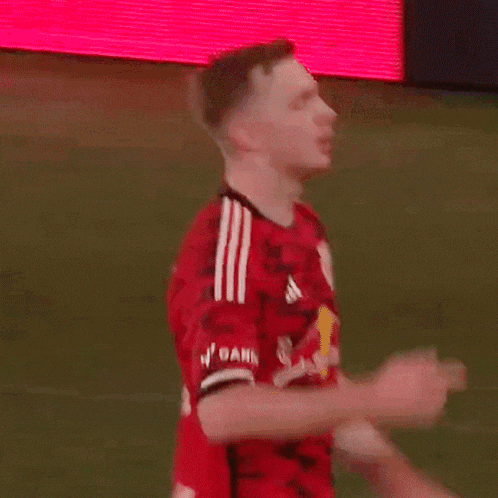 a man in a red shirt is giving the middle finger while standing on a soccer field .