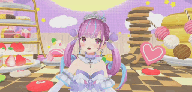 a girl with purple hair and a tiara stands in front of a stack of cookies