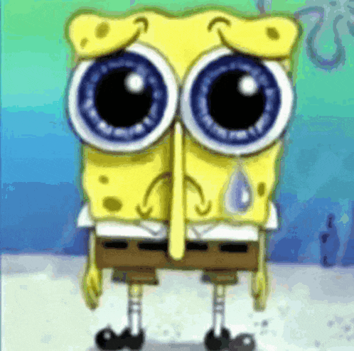 a cartoon spongebob with big blue eyes and a sad look on his face