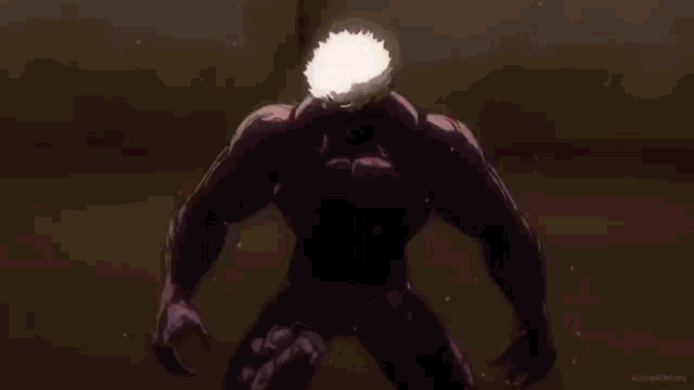 a cartoon character with white hair and black eyes is smiling and looking at the camera in a dark room .