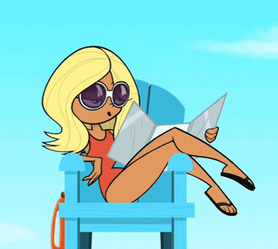 a cartoon girl is sitting in a lifeguard chair reading a magazine