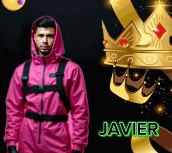 a man in a pink jumpsuit with the name javier on the bottom right