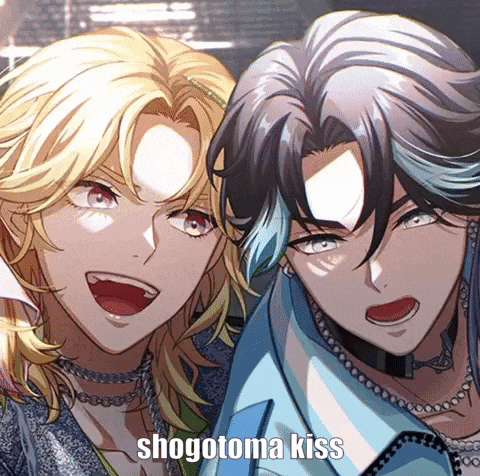 a couple of anime characters standing next to each other with shogotoma kiss written below them