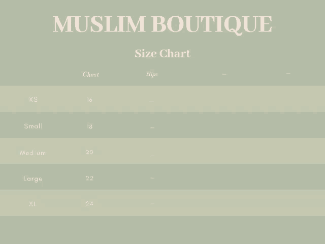 a muslim boutique size chart is shown on a white background