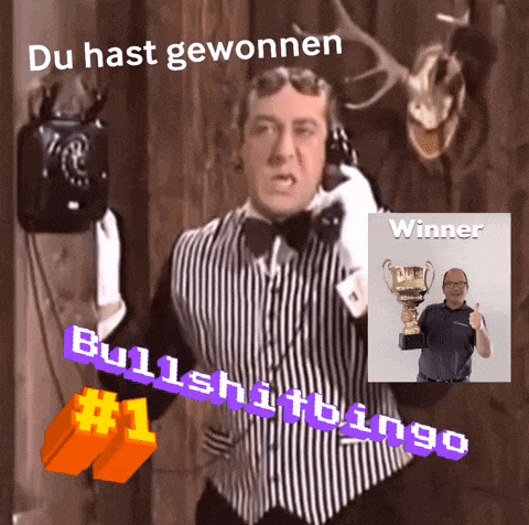 a man in a striped vest is holding a trophy with the words bullshitbingo # 1 on it