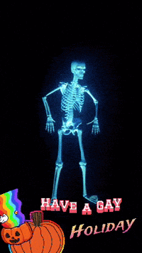 a skeleton with a pumpkin and the words have a gay holiday