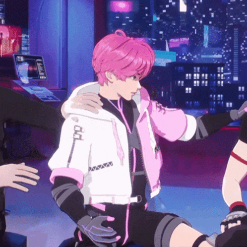 a cartoon character with pink hair and a jacket that says dd on it