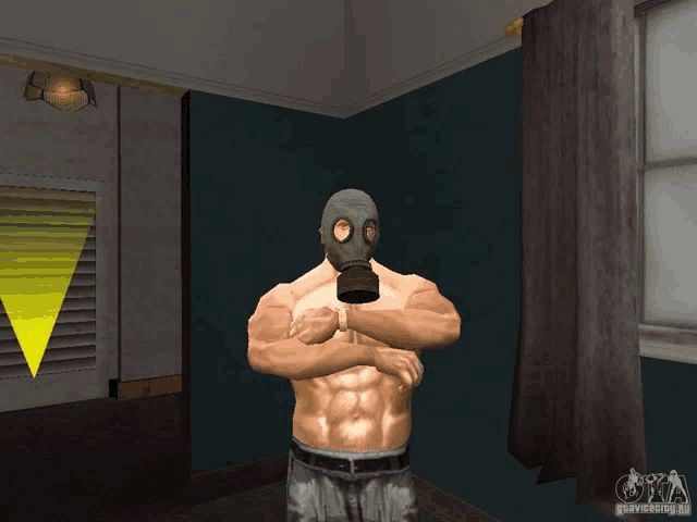 a man wearing a gas mask is standing in a room