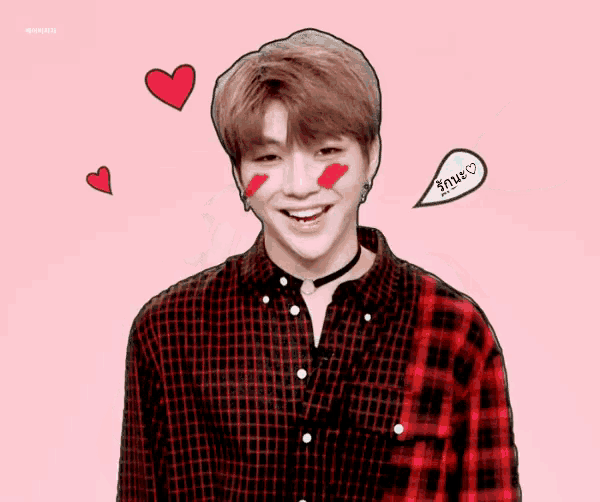 a young man with hearts painted on his cheeks and a speech bubble that says ' i love you '