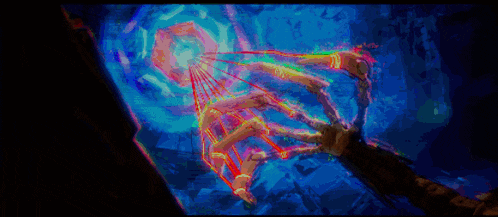 a painting of a hand holding a glowing object in the dark