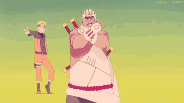 a cartoon drawing of a man standing next to another man holding a sword .