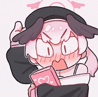 a cartoon girl is holding a pink book with a heart on it and making a funny face .