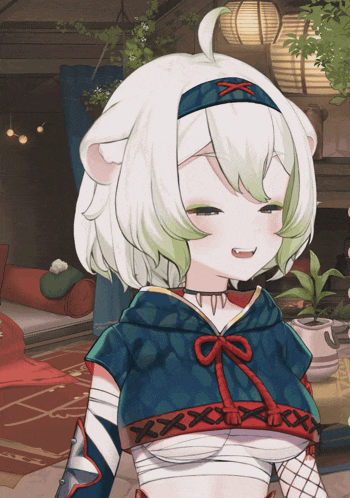 a cartoon character with white hair and green leaves