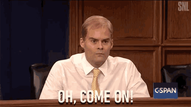 a man in a white shirt and tie is sitting at a table with the words oh come on in front of him