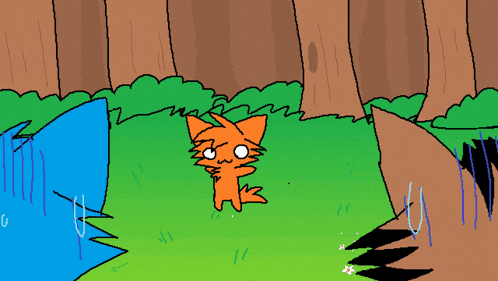a cartoon drawing of a cat in a forest with trees in the background