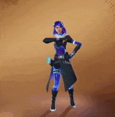 a woman with purple hair and a galaxy outfit is standing with her arms outstretched